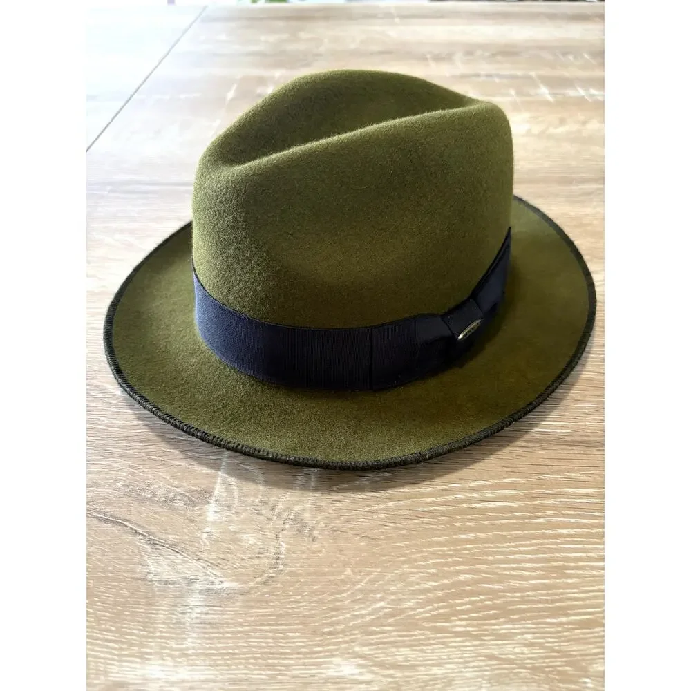 Adora Olive Green Wool Felt Fedora Hat with Black Grosgrain Ribbon Band